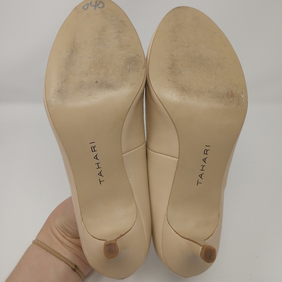 TAHARI Womens Nude Beige Leather Peep Toe Heel 8 - Picture 6 of 8